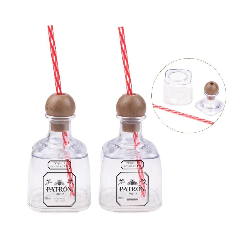 1/2/4Pcs 375ml Mini Tequila Bottle With Straw Hole Acrylic Reusable Cup Small Patron Bottle Empty Fo