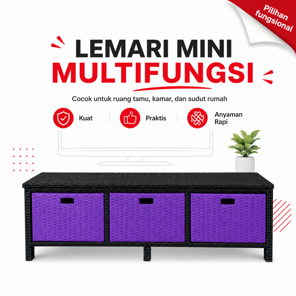 Buffet Rak TV Lemari Laci 3 Panjang Minimalis Kotak Rotan Sintetis Termurah