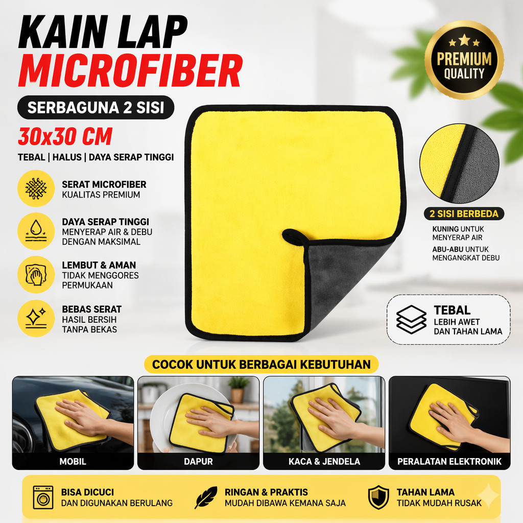Kain Lap Microfiber serbaguna 2 Sisi 30x30 Tebal Halus Mobil Dapur