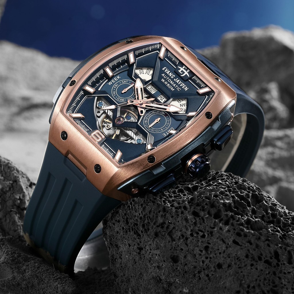[ PROMO SAAT LIVE ] Evans Jayden Jam Tangan Pria 9620 Rubber Automatic Silicon Kaca Safir Chrono 5AT