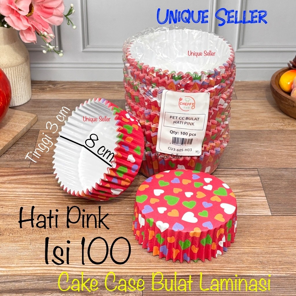 Isi100 Cake Case Bulat Laminasi 8cm Hati Pink Anti Minyak Cup Cake PET CC 8 cm Kertas Alas Kue Roti 