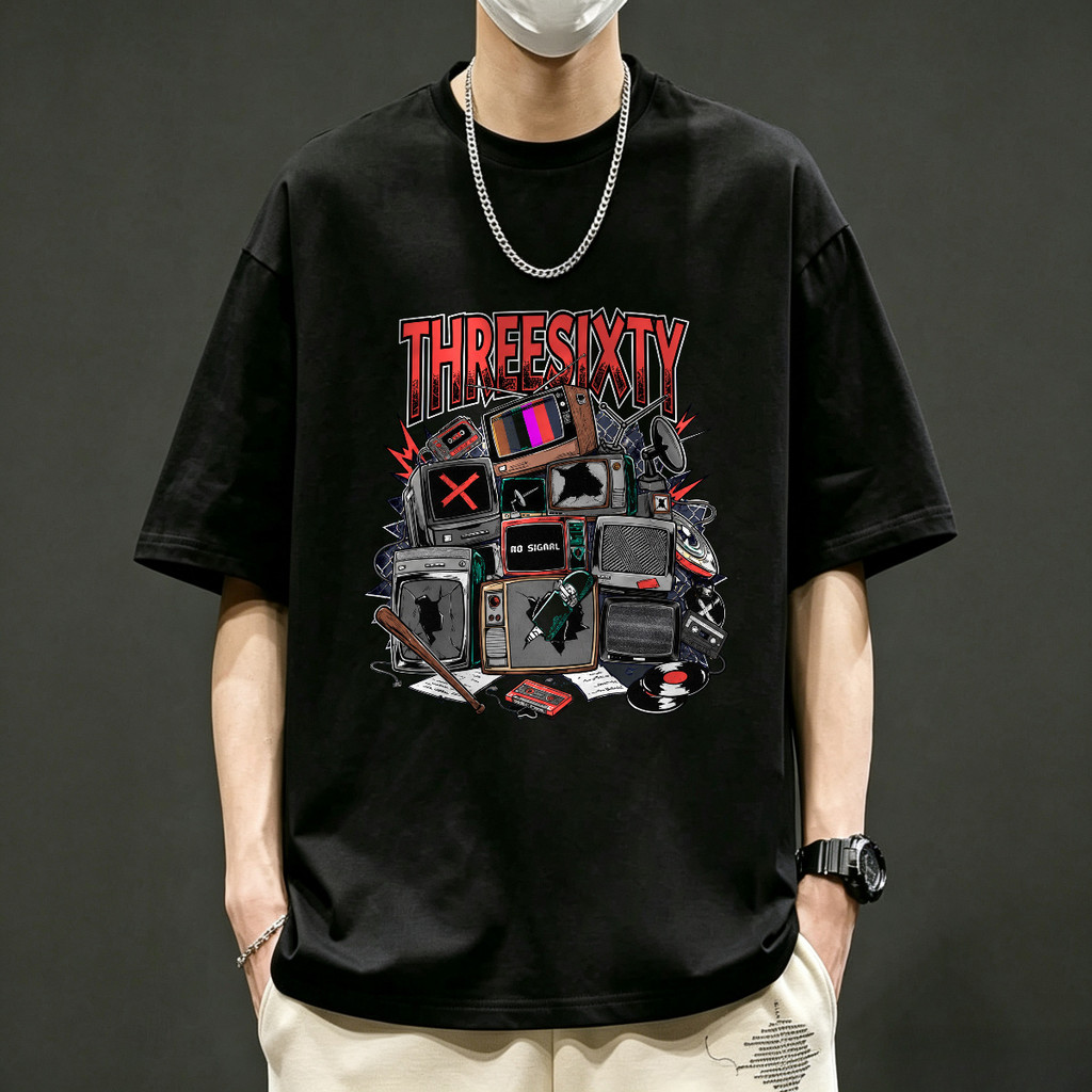 Kaos T Shirt Unisex Pecinta Gaya Retro Dengan Desain Televisi Klasik Kaset Dan Piringan Hitam Warna