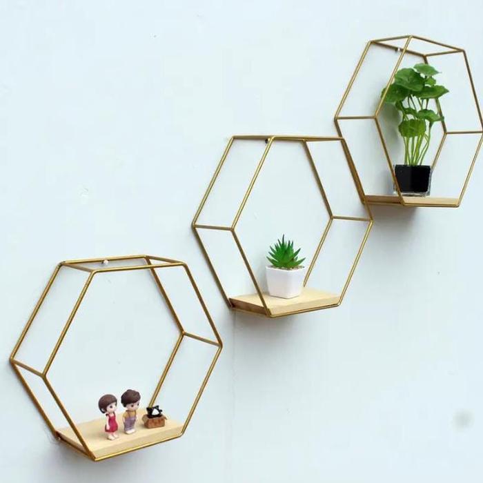 PROMO  [ 1 Set isi 3 Rak ] TANPA BOR Rak hexagonal besi, kayu rak segi enam, rak dinding hexagonal, 