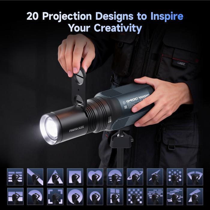 PHOTOOLEX QUANTUMN Zoom Gobo Projector III – Aksesori Lampu Proyeksi Kreatif, 20 Pola Cahaya, Magnet