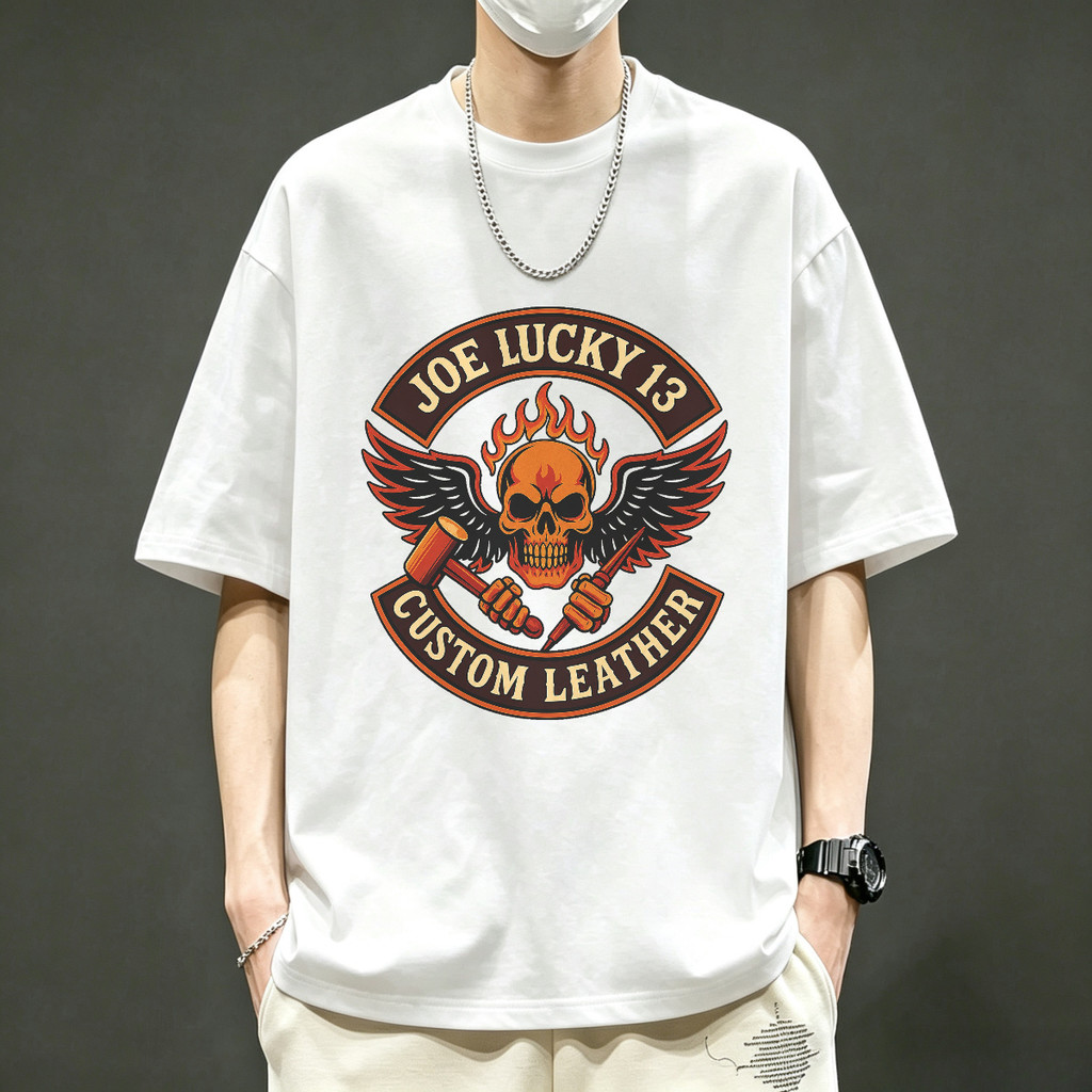Kaos Pria Vintage Joe Lucky 13 Custom Leather Skull Biker Dengan Desain Tengkorak Sayap Dan Peralata