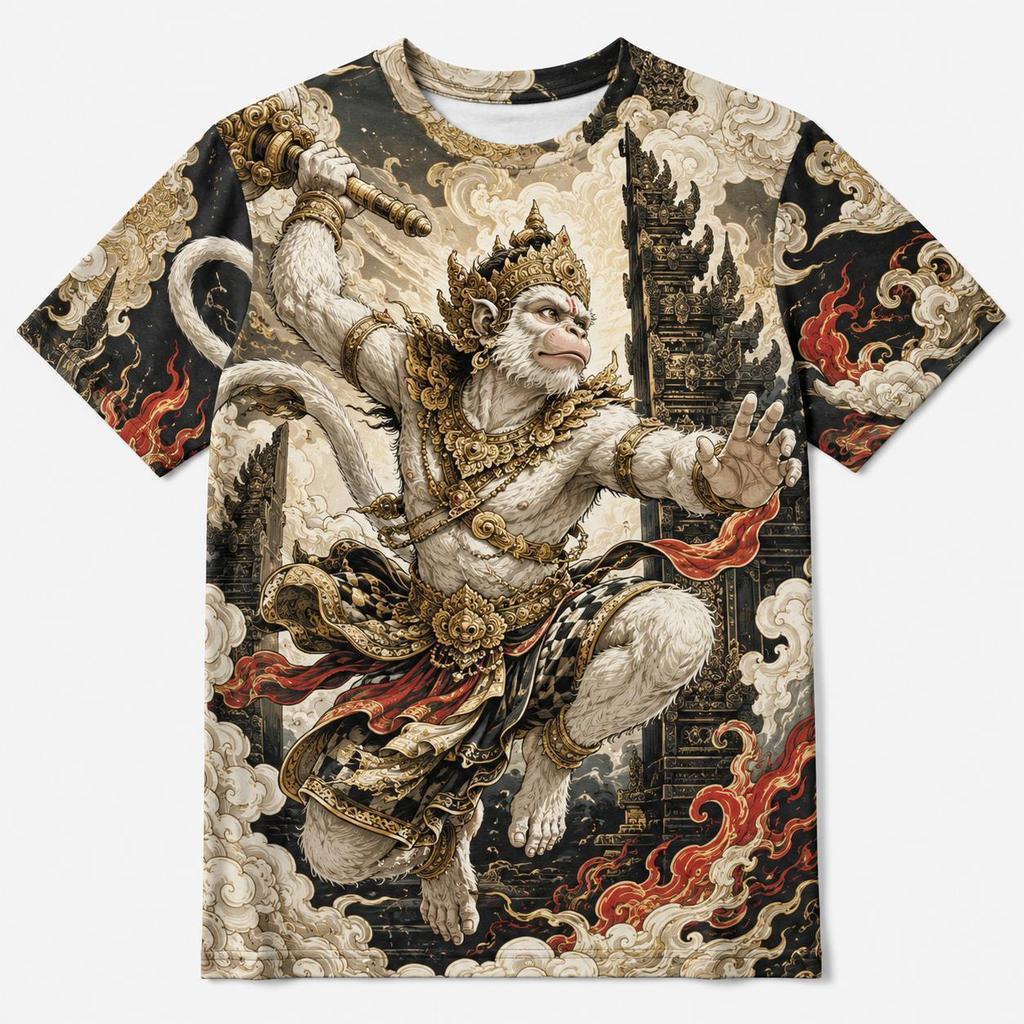Kaos Pria Oversize Hitam Baju Kaos Cowok Lengan Pendek Motif Hanoman Kera Putih Wayang Mitos Graphic
