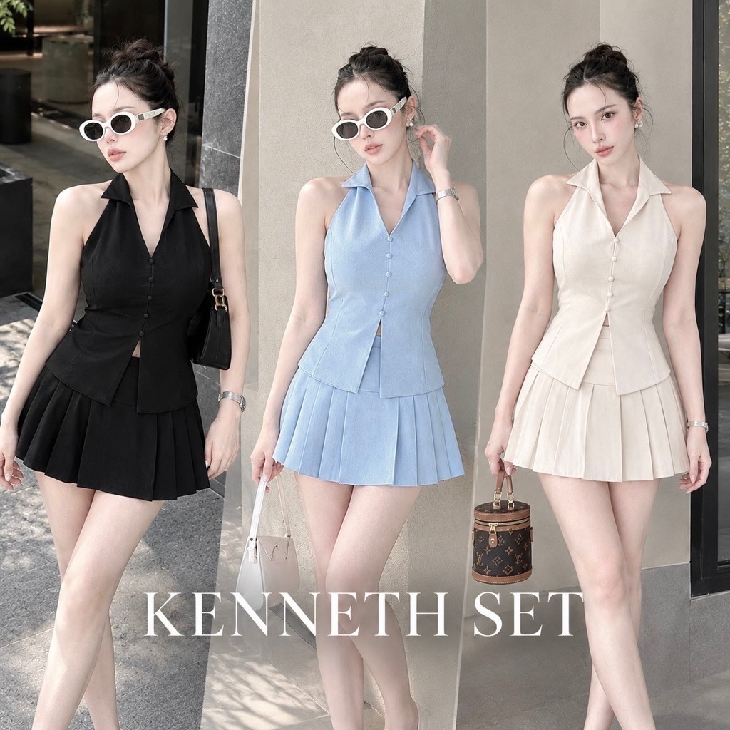 SET1155 KENNETH KOREAN STYLE VINTAGE SETELAN ATASAN HALTER ROK MINI SIMPLE POLOS ELEGAN FEMININ