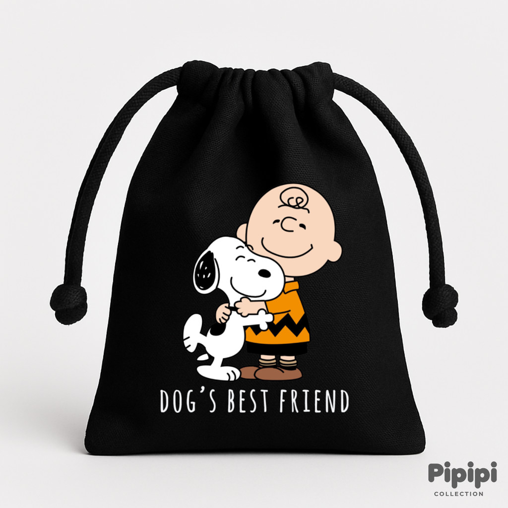 PIPIPI Pouch Serut Kanvas Hitam Tebal Premium Snoopy