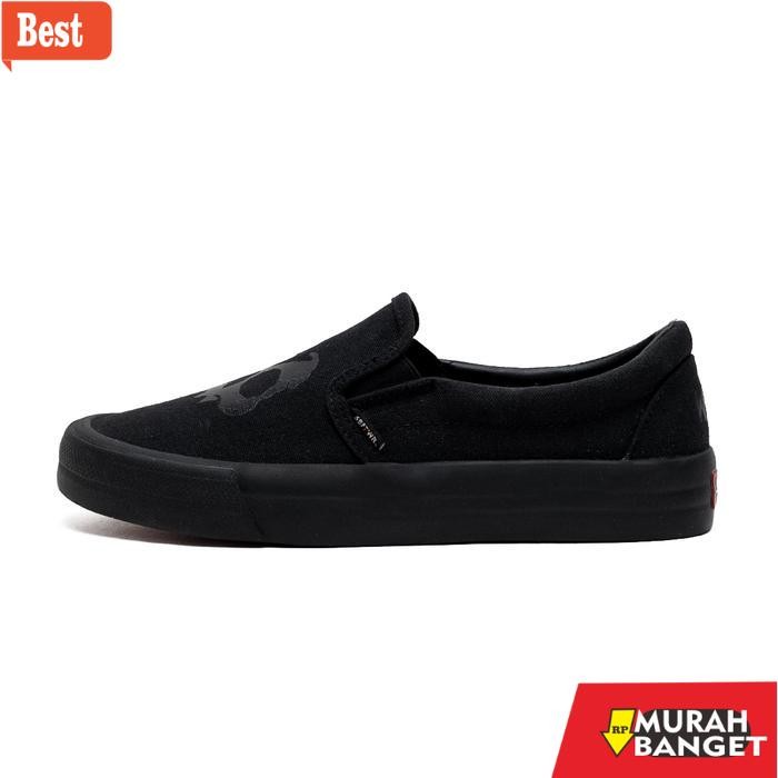 SABA Slip On Skull All Black - Sepatu Sneakers Sepatu Kasual Pria Sepatu Kasual Wanita - Hitam, 36