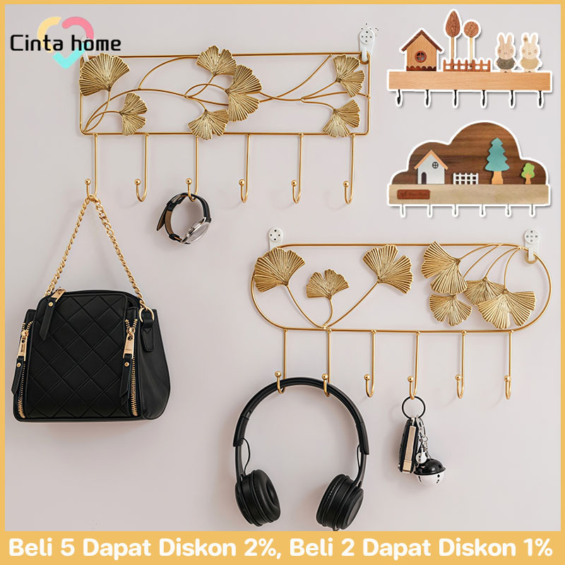 4/6 Hooks Gantungan Yang Dipasang Di Dinding Kait Ginkgo Art Iron Gantungan Dinding Pengait Kunci Ga