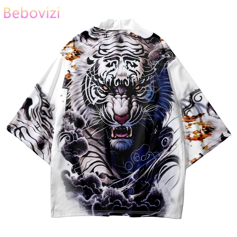 Anime White Tiger Print Japanese Kimono Streetwear Men Women Cardigan Haori Traditional Beach Yukata