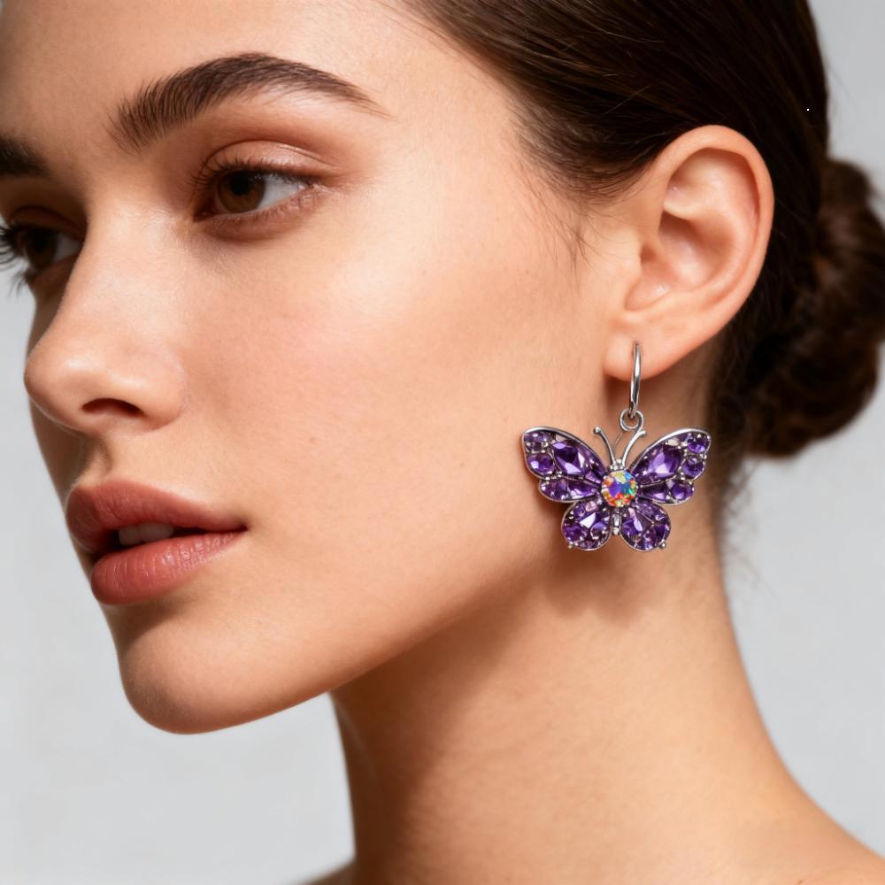 Glamorousky Anting Kupu-Kupu dengan Kristal Austria Ungu yang Mewah, Kilau Aurora, Perhiasan Wanita 