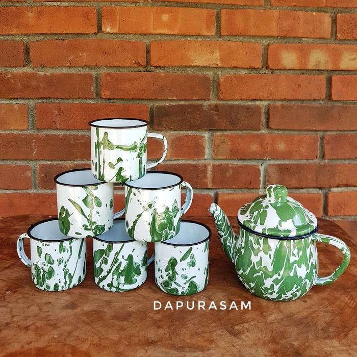 Set Teko Cebol + 6 Mug Lurik 7cm Enamel Seng Blek Gelas Jadul Blirik Terlaris