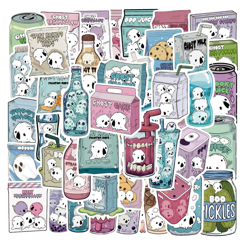 50 Pcs Spooky Cute Ghost Stickers - Kawaii Food Doodles for Laptop, Water Bottle, DIY Crafts