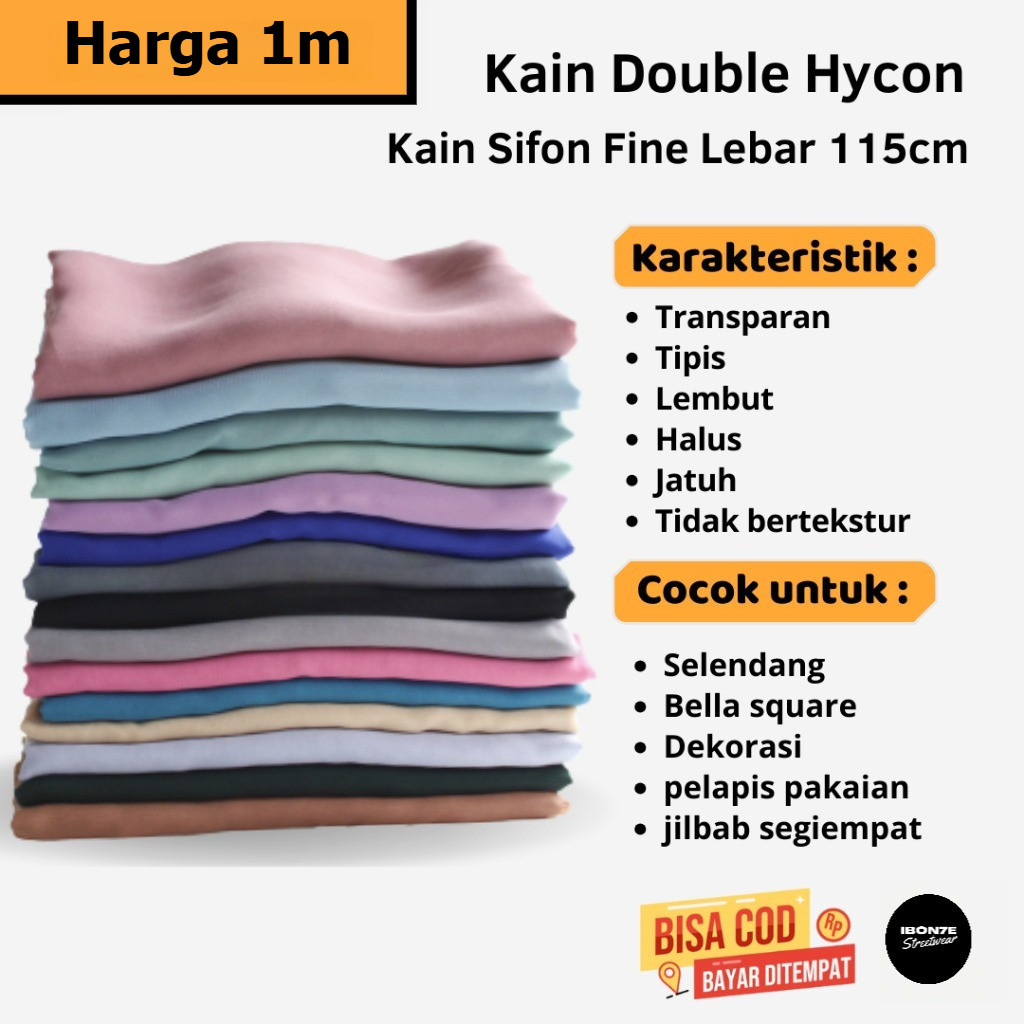 Kain Sifon Fine Double Hycon 1 Meter – Bahan Kerudung, Bella Square, dan Pelapis Baju Premium