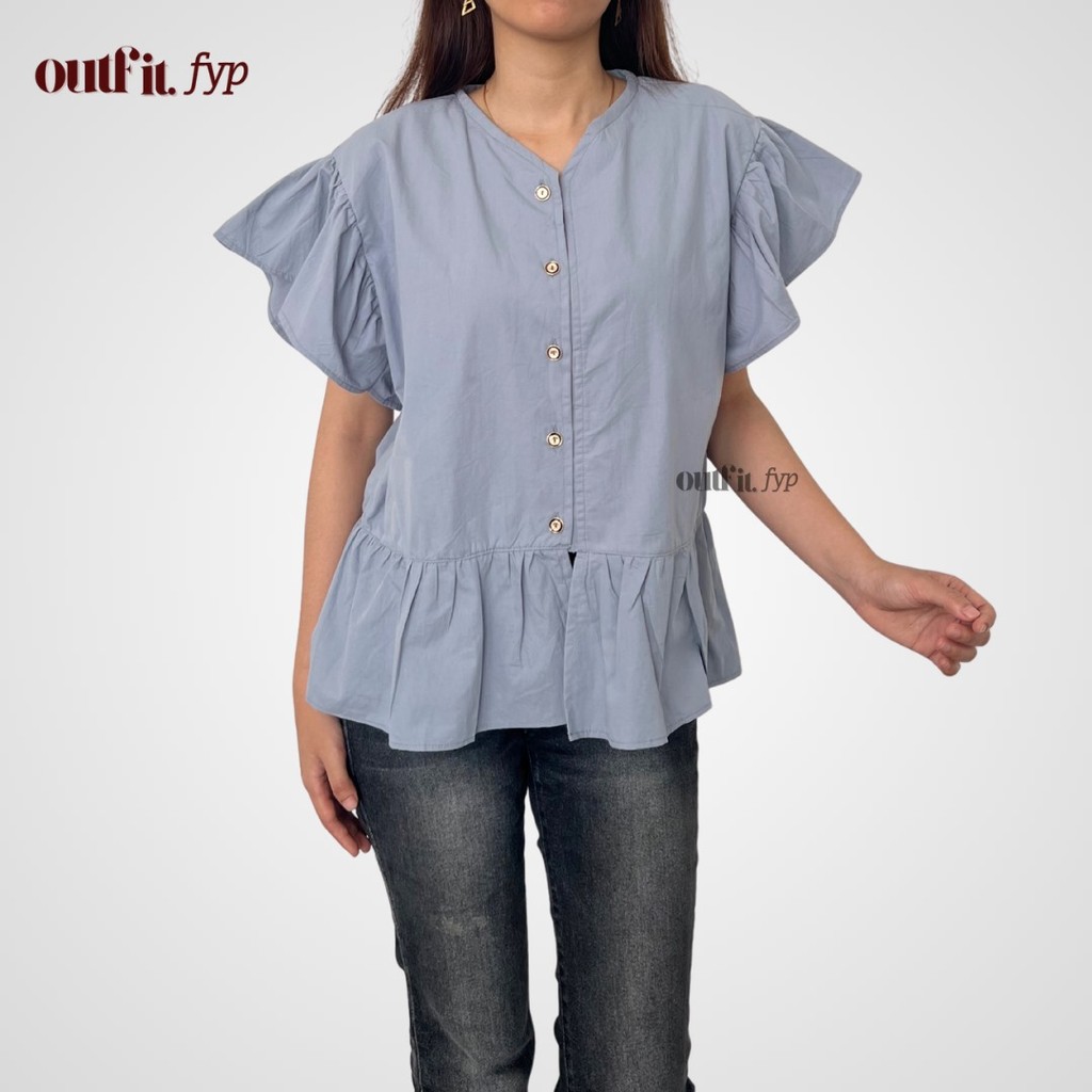 Blouse Atasan Wanita Lengan Pendek Sia - Ruffle Top Peplum Katun Poplin Korean Style