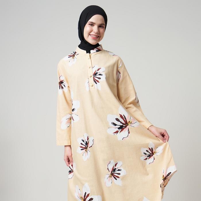 Dhoby Ghout Tunik Panjang Premium Wanita Cream Muslim Modern All Size Kancing Depan - Ellen