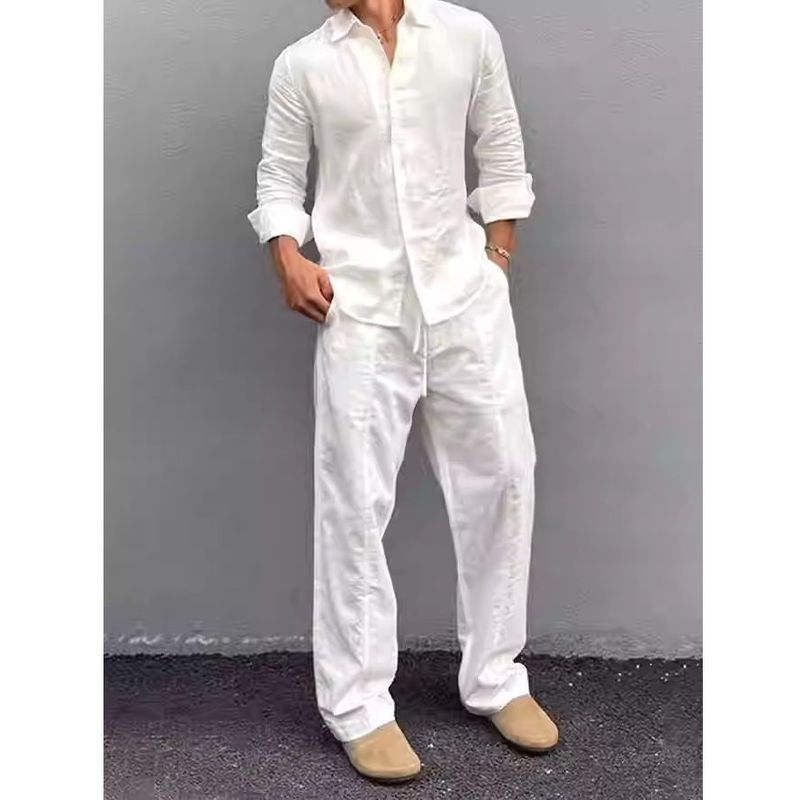 Setelan Kemeja Katun-Linen Pria, Slim Fit, Lengan Panjang, Linen Bernapas, Celana Ikat Pinggang, Set