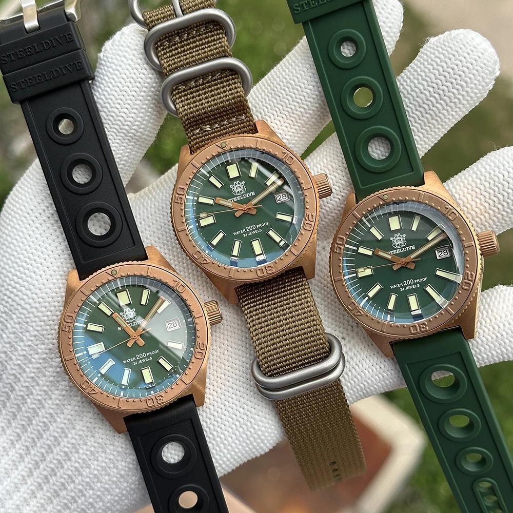 Jam Tangan STEELDIVE Men Diver Watch Bronze Pilot Automatic Mechanical Wristwatch 20Bar C3 Luminous 