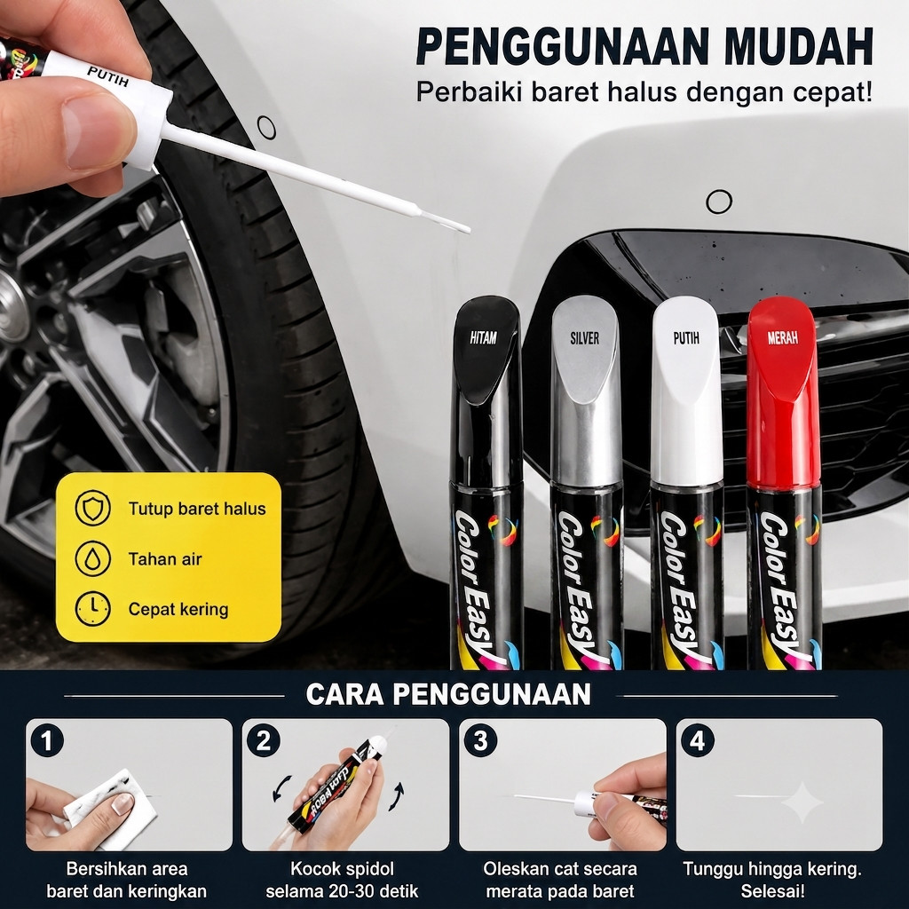 Color Easy Touch up Paint Pen Cat Spidol Penghilang Penutup Baret Lecet Tergores Mobil Motor Car Paint Pen diy Car Paint damage Scratch Repair Pulpen Dan Kuas 12ml Hitam Putih Silver Biru Merah Cat Oles Body Motor Mobil Permanen Coloreasy TouchUpPen