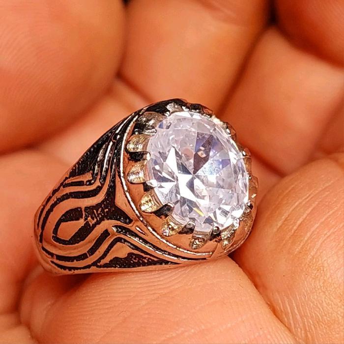 Cincin batu berlian zircon cutting dim 12x10 mm ring cakar trompah - size 5