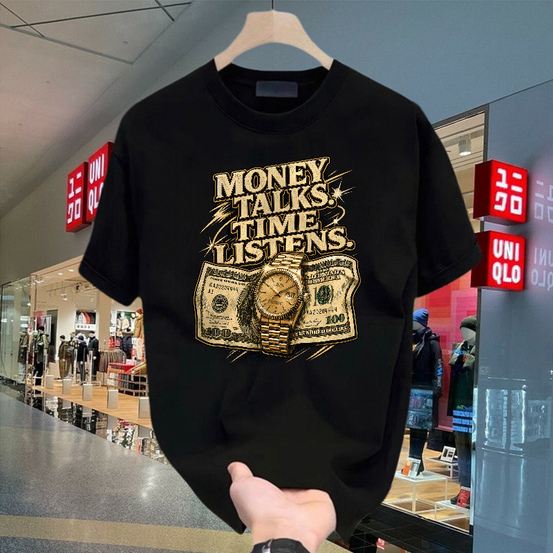 Money Talks Time Listens Kaos Pendek Motif Uang Dolar Dan Jam Tangan Emas, Katun Nyaman Dengan Model