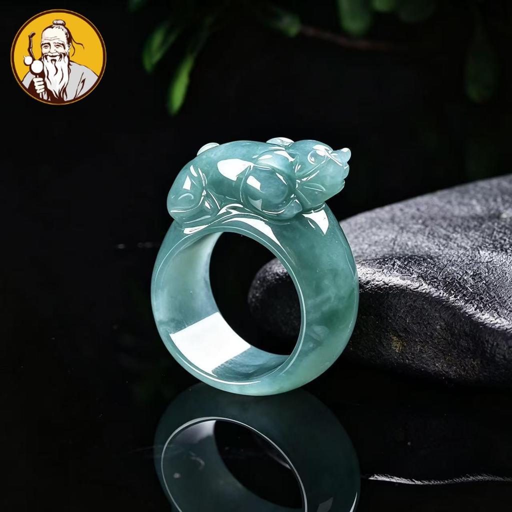 Dengan Sertifikat：Giok alami Sebuah produk, cincin Pixiu berukir air biru, cincin giok yang sangat i