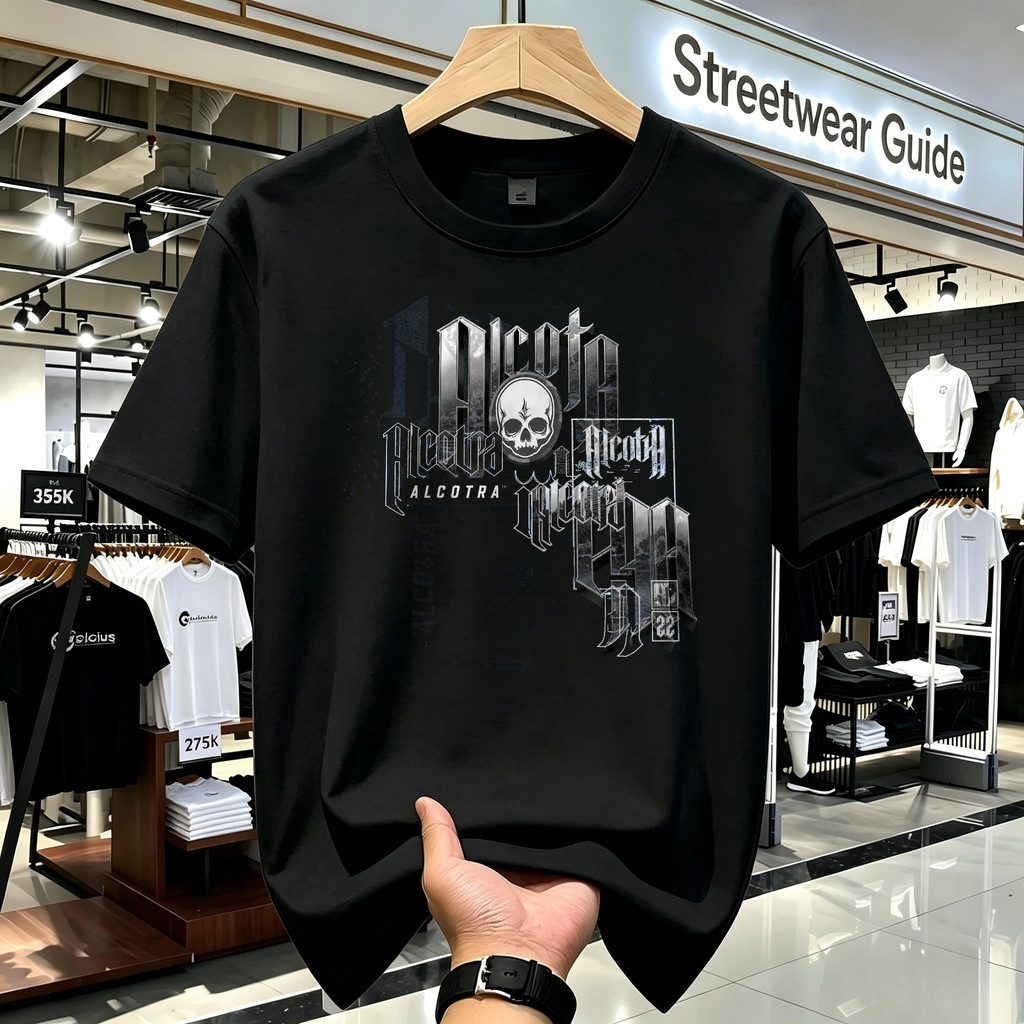 Kaos Distro Unisex Hitam Alcotra Typography Gothic Vintage Retro Streetwear