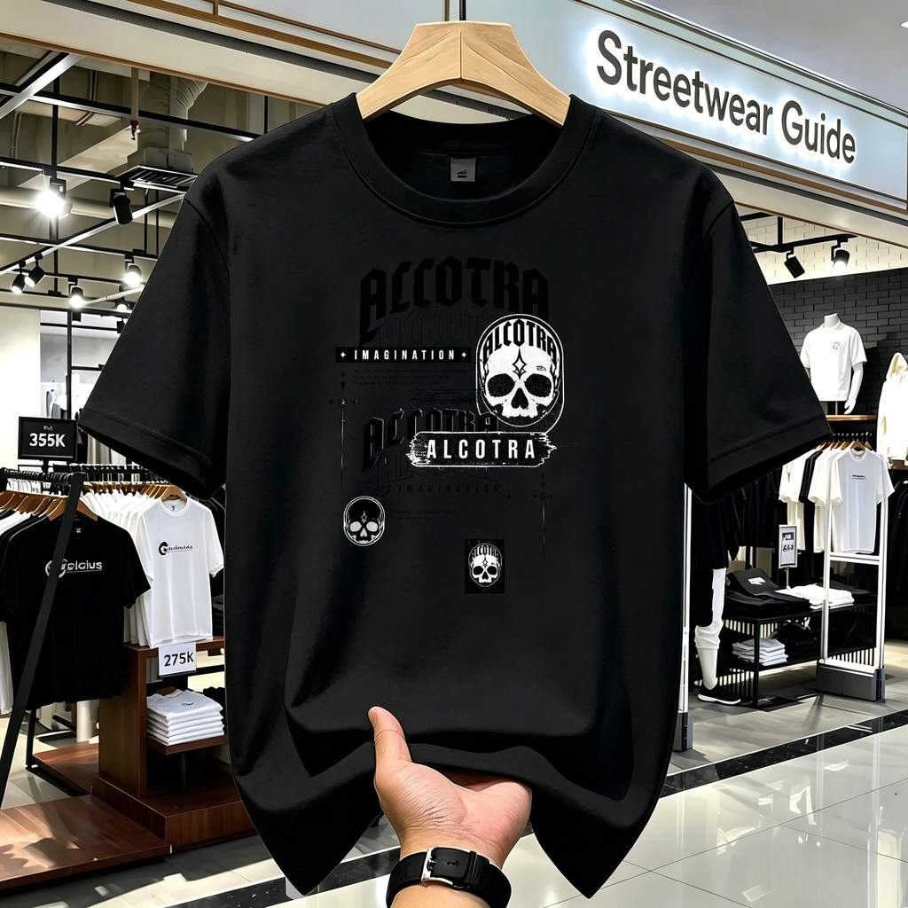Kaos Distro Unisex Putih Motif Sablon Gothic Skull ALCOTRA Streetwear Vintage