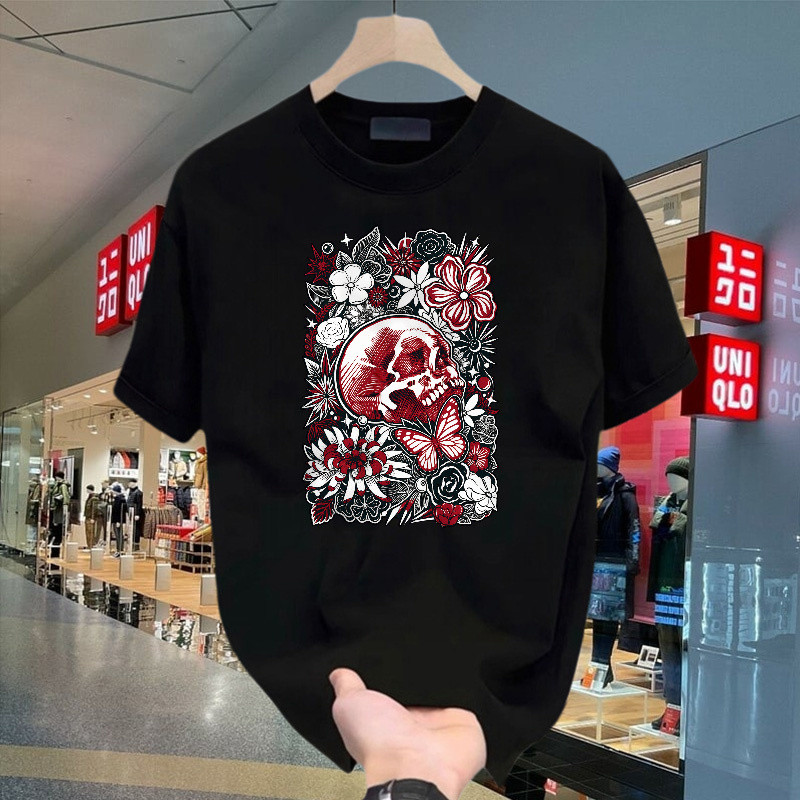 Kaos Pendek Motif Tengkorak Dan Bunga Vintage Dengan Kupu-Kupu, Lengan Pendek Tshirt Katun Unisex Be