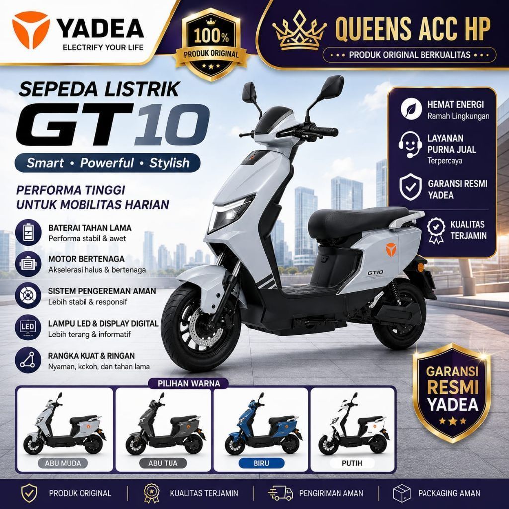 SEPEDA LISTRIK YADEA GT10 / DESAIN SPORTY YADEA GT10 MAMPU MENEMPUH JARAK 60 KM HINGGA 70 KM