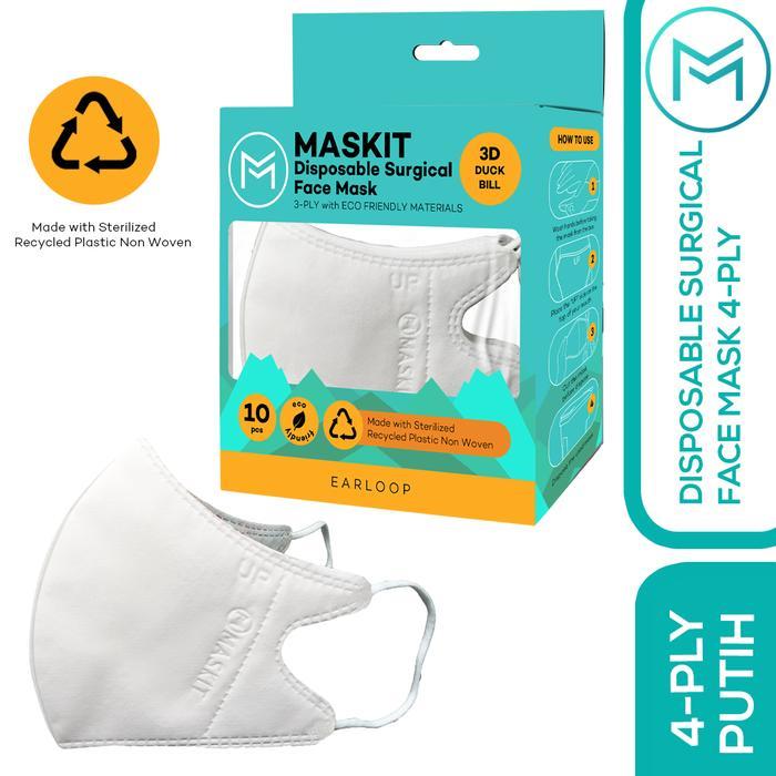 Masker 4ply Duckbill Warna - Maskit Ramah Lingkungan Earloop & Hijab - Putih, Earloop