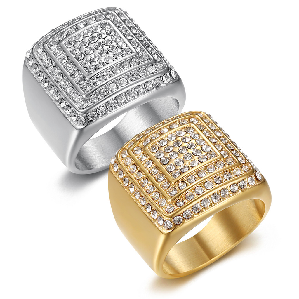 Cincin Stainless Steel Emas Berlapis Empat Lapisan Cincin Pria Mewah Berlian Penuh