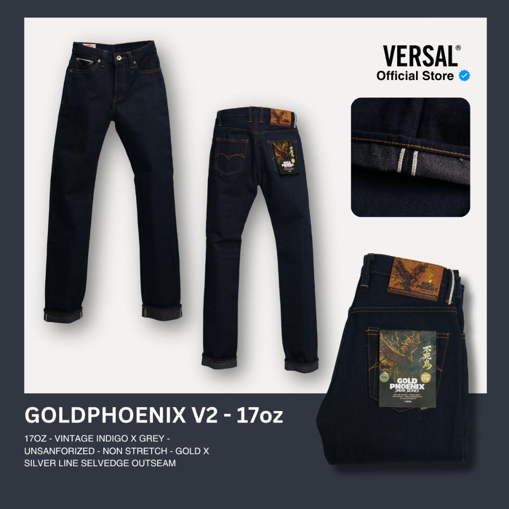 Versal The Finest - GOLD PHOENIX V2 17oz Vintage Indigo x Grey with Gold x Silver Line Selvedge Deni
