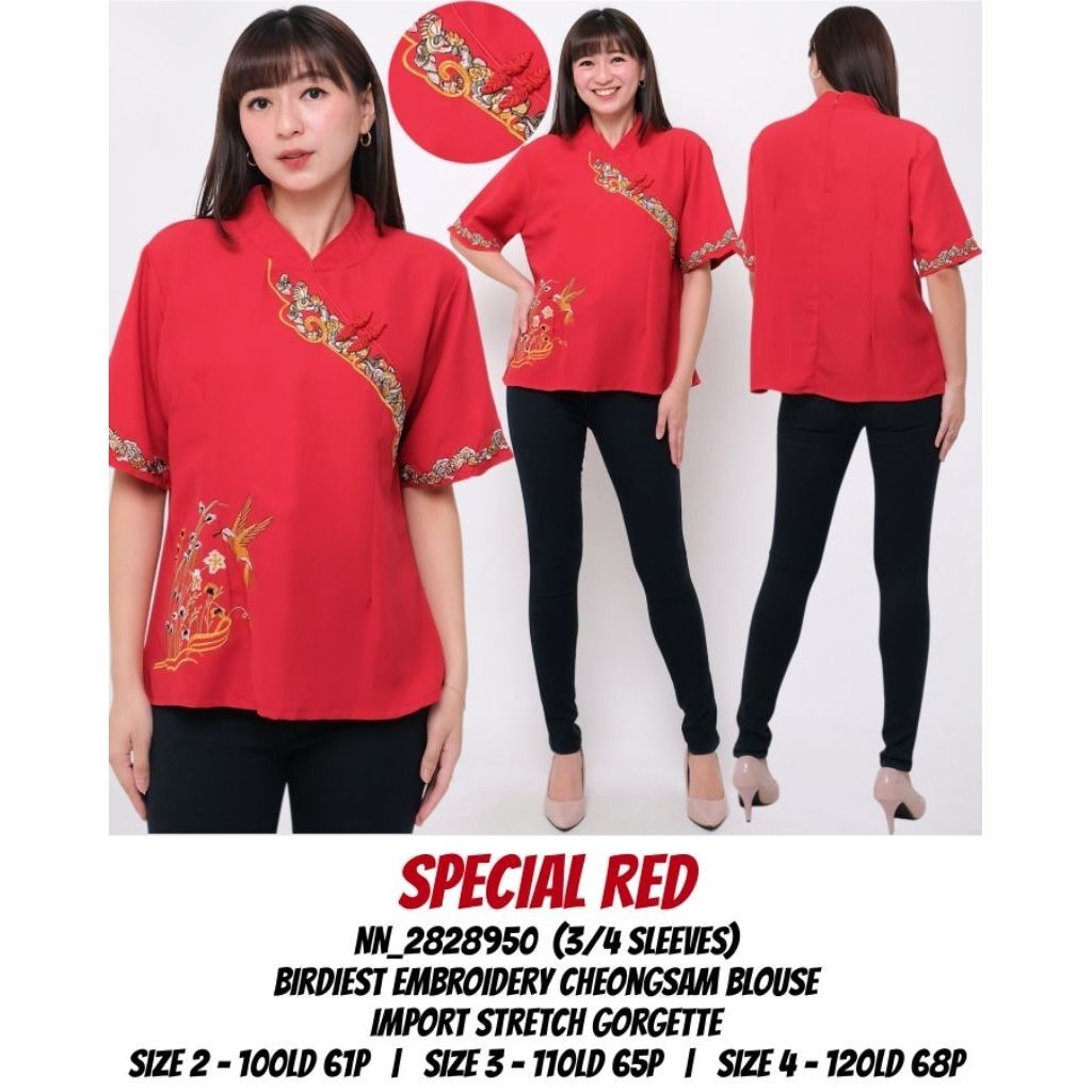 Atasan blus wanita cheongsam merah bordir natal & imlek
