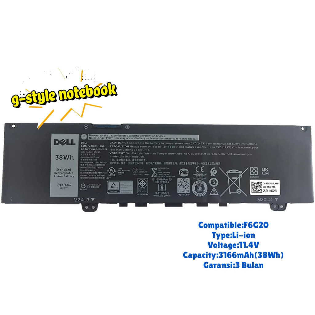 Baterai Laptop  Dell F62G0 Original