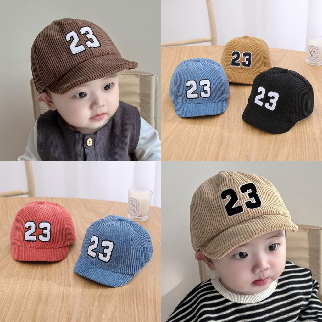 Topi bayi laki laki motif logo angka 23 korduroi terlaris 2025 / topi bayi perempuan angka 23