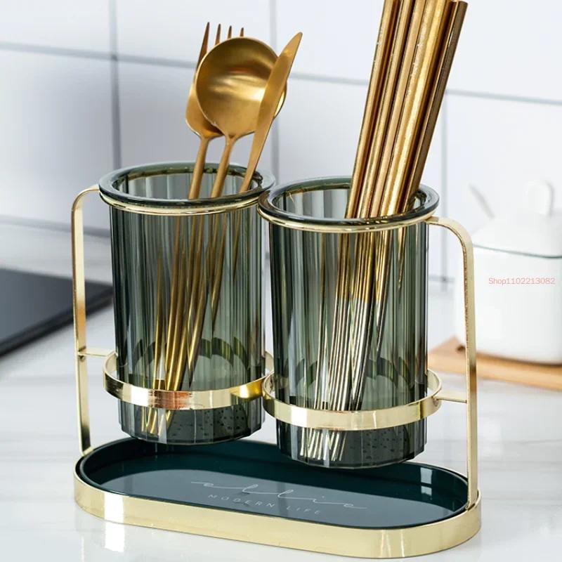 Household Golden Chopsticks Rack Drain  and Fork Storage Bucket Tablee Box Simple Alloy Spoon Chopst