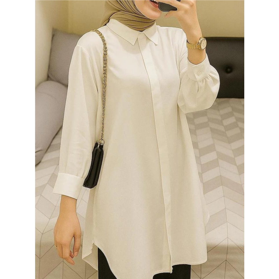 LELYSHOP Kemeja Tunik Polos Blouse Atasan Wanita Tangan Panjang Premium Bahan Rayon Twill Warna Mera