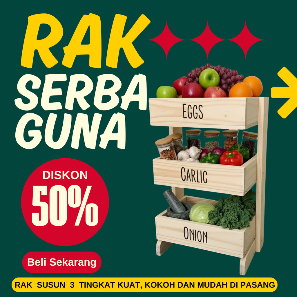 Rak bawang kayu 3 susun / Rak dapur / Rak kosmetik/ Rak perkakas/ Rak bawang