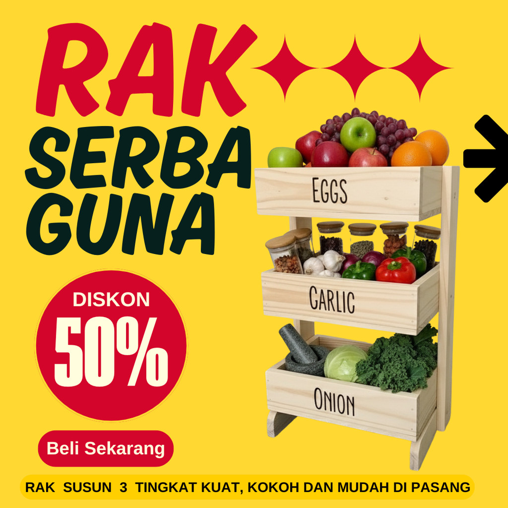 Rak bawang kayu 3 susun / Rak dapur / Rak kosmetik/ Rak perkakas/ Rak bawang