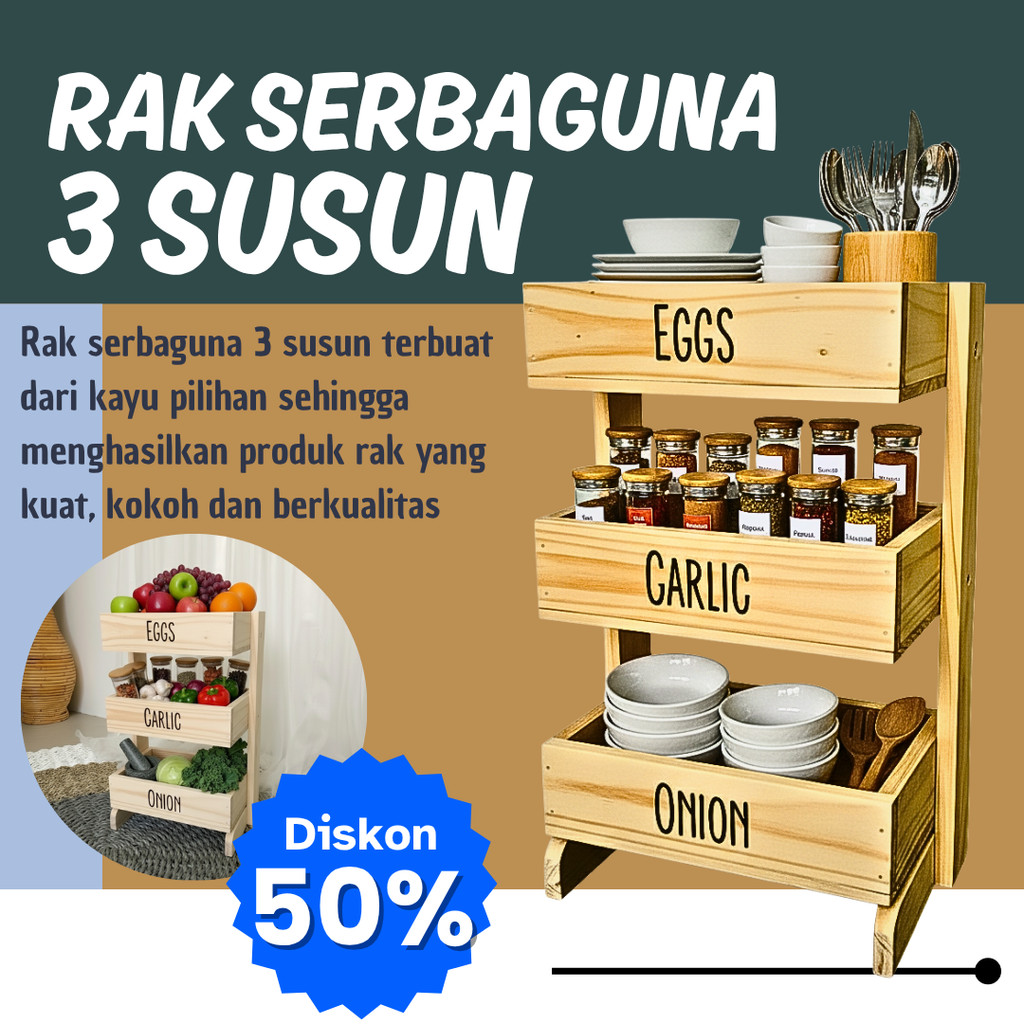 Rak bawang kayu 3 susun / Rak dapur / Rak kosmetik/ Rak perkakas/ Rak bawang