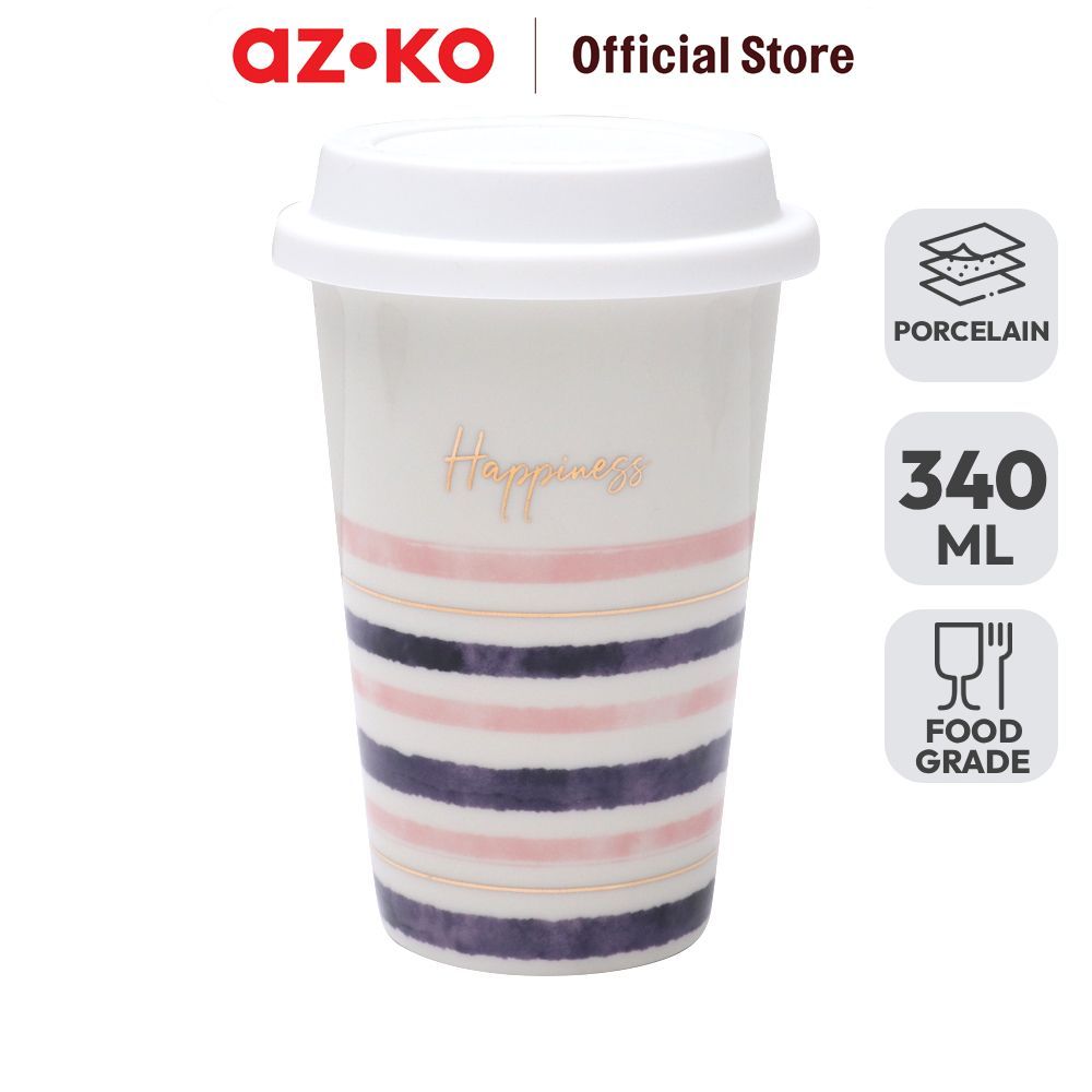 AZKO Delicia Mug Porcelain Dengan Tutup Happiness 340 ml - Putih Gelas Minum Tea Cangkir Kopi Wadah 