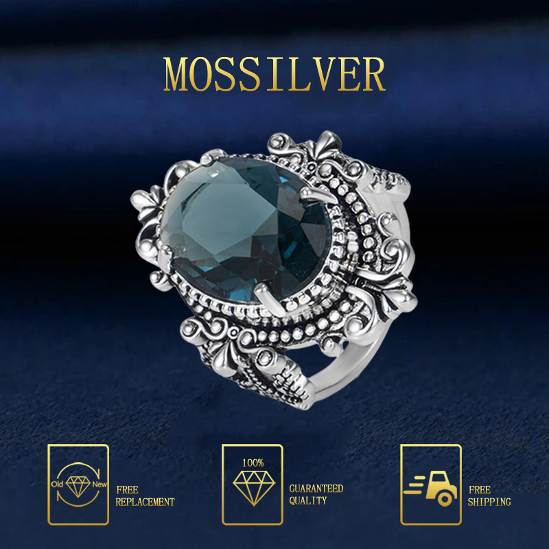 MOSSILVER Cincin Oval Perak Thailand Vintage Hitam Berlapis Topaz Biru Laut