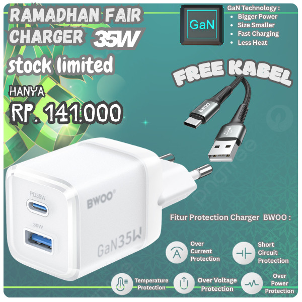 (Barbz) PROMO FREE KABEL BWOO GaN Charger 70W dan 35W  Fast Charger Type C dan USB A