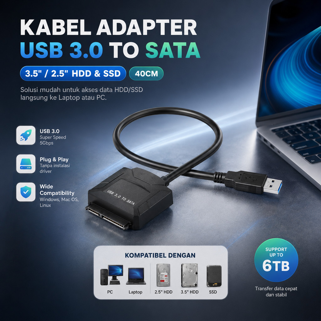 (100% ORI) E-yield Kabel Adapter USB 3.0 to SATA for 3.5 / 2.5 Inch HDD SSD 40cm - ZD0004