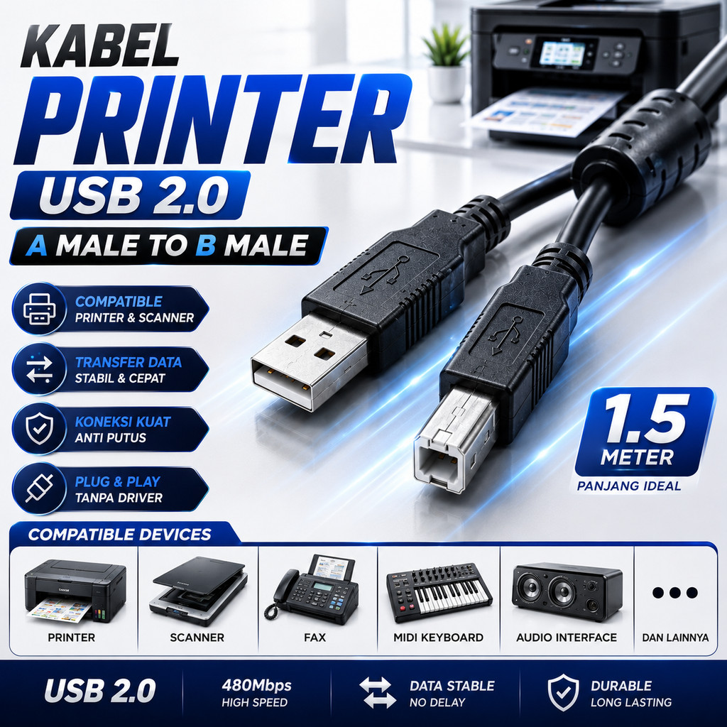 Kabel Printer USB 2.0 A Male to B Male 1.5M Hitam untuk Epson Canon HP Brother Scanner Mesin Kasir P