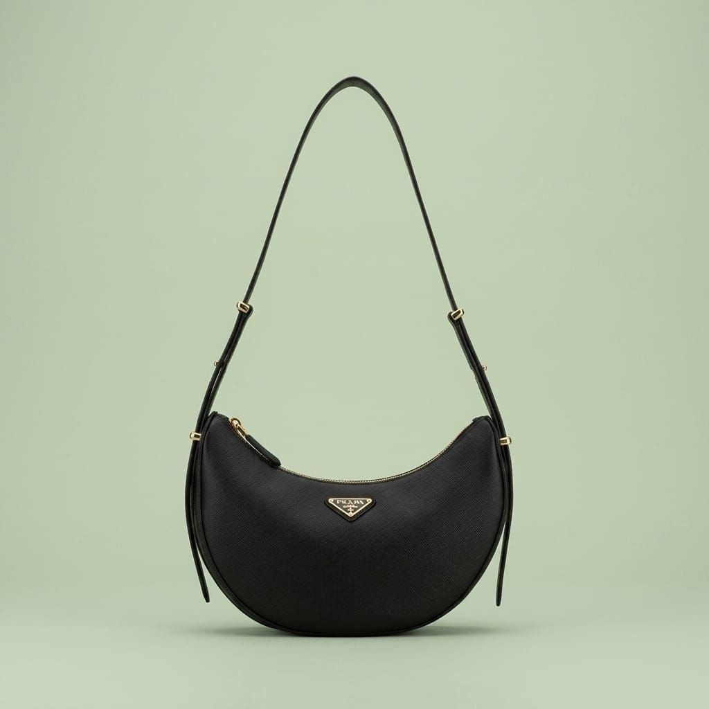 Tas Bahu Kecil WANITA KULIT Sapi Brand PRADA Arqué Hitam 100% ORIGINAL