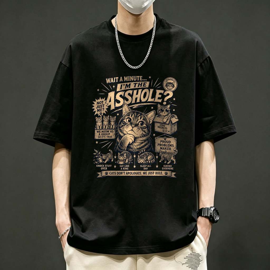 Kaos Kucing Lucu Wait A Minute I'm The Asshole, Kaos Vintage Kaos Kata-kata Sarkas, Kaos Pria T-Shir
