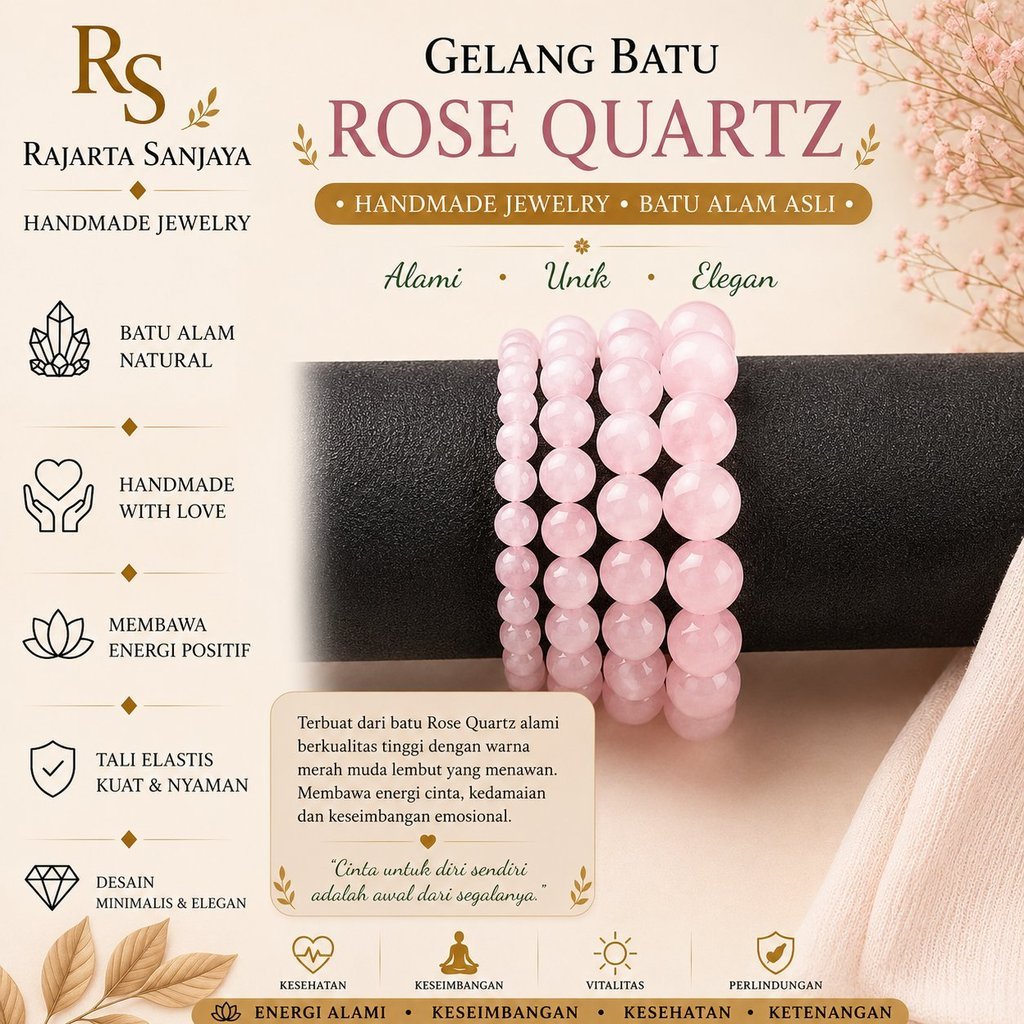 RJ Handmade Gelang Batu Natural Batu Kristal Rose Quartz | Kristal Penyembuhan